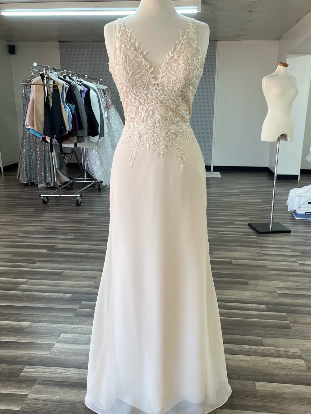Champagne Lace-Appliqué V-Neck Evening Gown